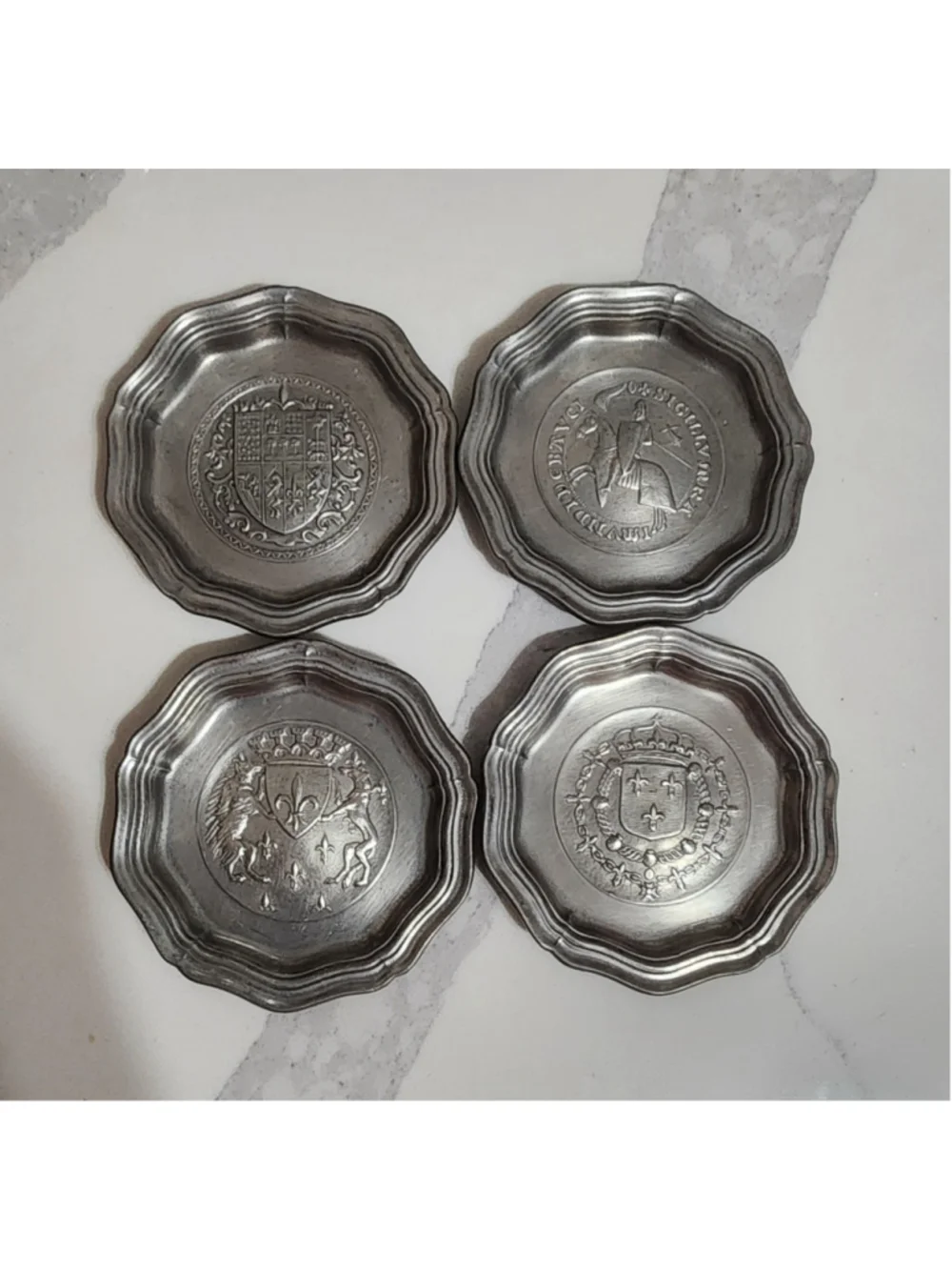 Title: Vintage French Pewter Etain d’Art Heraldic Coasters Small Dishes Set of 4